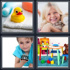 4 Pics 1 Word Answer 3 letters for rubber duck near bathtub, girl hugging teddy bear, boy holding pretend car, play room