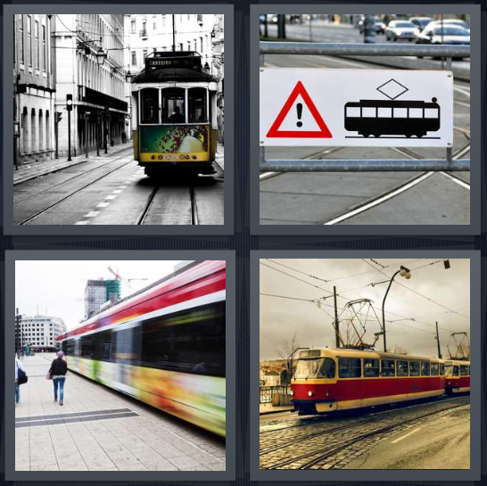 4 Pics 1 Word Answer 4 letters for green street trolley in city, caution sign near train tracks, metro platform, train cable car
