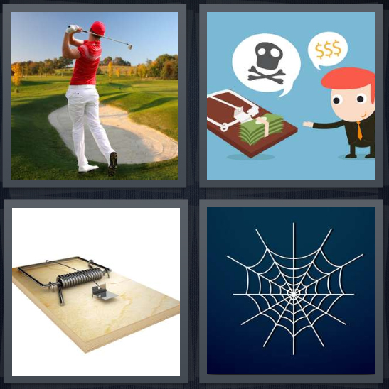 4 Pics 1 Word Answer 4 letters for man playing golf near sand, cartoon of bad money, mouse, spider web