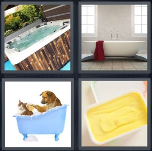 4 Pics 1 Word Answer 3 letters for jacuzzi outside with wood, bath in bathroom, dog washing cat, butter container