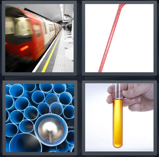 4 Pics 1 Word Answer 4 letters for subway train underground, red straw on white background, blue pipes, beaker with yellow liquid