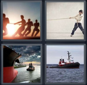 4 Pics 1 Word Answer 3 letters for people pulling on rope playing game, boy pulling on rope, large ship in port, boat on ocean