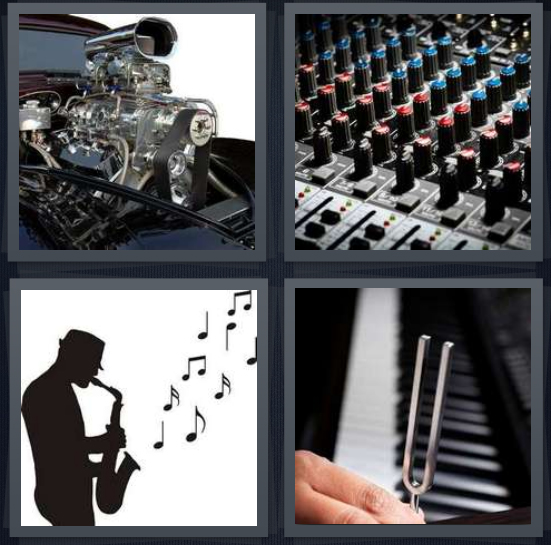 4 Pics 1 Word Answer 4 letters for engine in car, mixing board for sound design, silhouette of man playing saxophone, tuner with piano