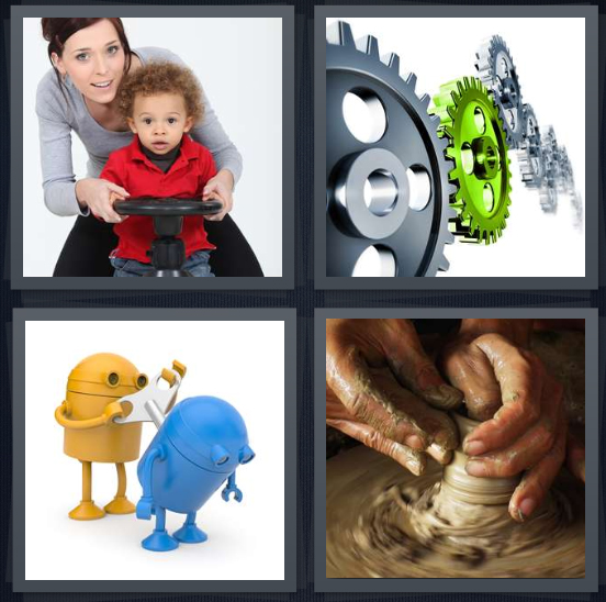 4 Pics 1 Word Answer 4 letters for mother with toy wheel and son, gears on white background, wind up toys, person making pottery with clay