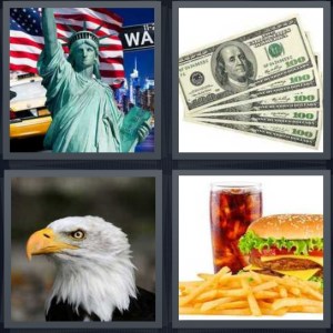 4 Pics 1 Word Answer 3 letters for Statue of Liberty and New York icons, stack of hundred dollar bills, bald eagle, burger and fries with cola