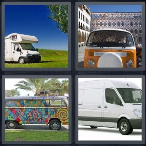 4 Pics 1 Word Answer 3 letters for camper vehicle in field, orange Volkswagon bus, painted hippie bus, passenger vehicle