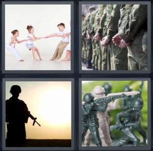 4 Pics 1 Word Answer 3 letters for children pulling on rope, group of army members in line, silhouette of soldier, plastic toy soldiers