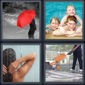 4 Pics 1 Word Answer 3 letters for man with red umbrella in rain, kids swimming in pool, woman taking a shower, man cleaning floor with machine