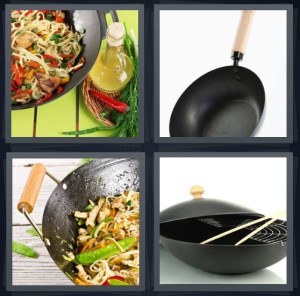 4 Pics 1 Word Answer 3 letters for Chinese food being cooked, pan with wooden handle, stir fry in pot with rice, chopsticks and pan