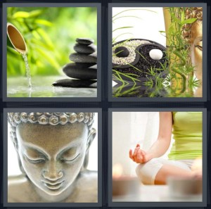 4 Pics 1 Word Answer 3 letters for garden with bamboo and stones, yin yang with bamboo, statue of Buddha, woman meditating