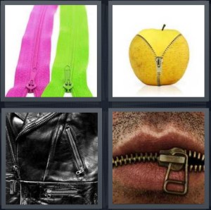 4 Pics 1 Word Answer 3 letters for pink and green velcro, apple with zipper on it, black leather punk jacket, zipper on mouth