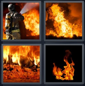 4 Pics 1 Word Answer 6 letters for fireman spraying water on blaze, large fire destructive, wood burning in fire, hot flame on black background