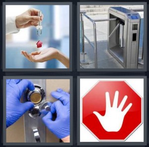 4 Pics 1 Word Answer 6 letters for man handing woman keys to new house, turnstile at subway or ride, replacing lock on door, sign saying stop with white hand on red background