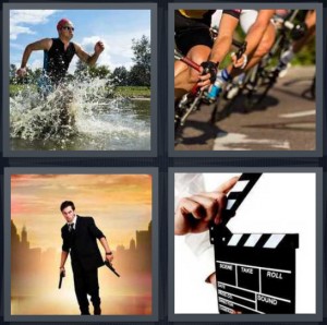 4 Pics 1 Word Answer 6 letters for man running through water splashing, cyclists in bike race on pavement, hero in movie holding guns with skyline, film clapboard announcing scene