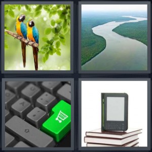 4 Pics 1 Word Answer 6 letters for tropical parrots in jungle blue and yellow, large river in South America jungle, online shopping green cart keyboard, Kindle e reader with blank screen