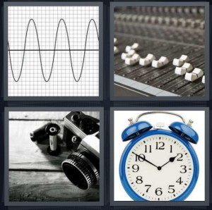 4 Pics 1 Word Answer 6 letters for graph on chart paper, sound mixing board with switches, film camera, not digital alarm clock