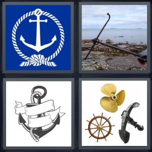 4 Pics 1 Word Answer 6 letters for nautical blue and white symbol with rope, pieces from shipwreck washed ashore, sailor Jerry tattoo with banner, parts of a ship