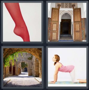 4 Pics 1 Word Answer 6 letters for red tights pointed toes dancer, grand doorway Arabic architecture, cobblestone street with bridge in village, yoga position curved back