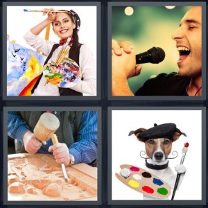 4 Pics 1 Word Answer 6 letters for painter at easel with brushes, singer singing into microphone, man carving wood intricate carving, dog painter French mustache