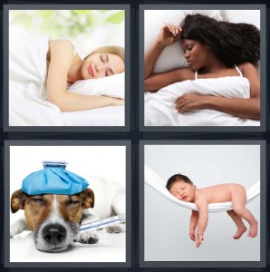 4 Pics 1 Word Answer 6 letters for woman napping in white bed during day, woman sleeping in bed resting, sick dog with eyes closed, baby in white hammock