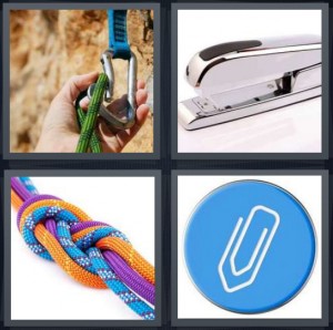 4 Pics 1 Word Answer 6 letters for person rock climbing with metal, silver stapler, multicolored ropes, symbol for paperclip