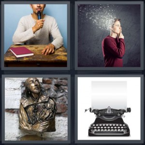 4 Pics 1 Word Answer 6 letters for writer at desk with pen, man thinking of ideas with thoughts, bronze statue of Shakespeare, black typewriter with blank paper