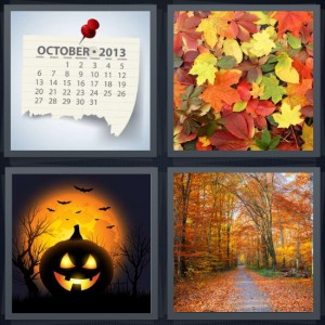 4 Pics 1 Word Answer 6 letters for October on calendar marked, colorful fall leaves, Halloween carved pumpkin, orange leaves in forest falling