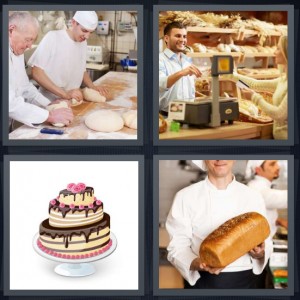 4 Pics 1 Word Answer 6 letters for chefs in kitchen making dessert, woman at bread shop buying bread, cartoon chocolate cake with layers, cook holding bread loaf