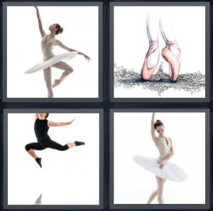 4 Pics 1 Word Answer 6 letters for ballerina with arm extended, point shoes on toes, modern dancer in black leotard, ballerina in white tutu