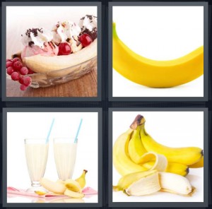 4 Pics 1 Word Answer 6 letters for split sundae with ice cream and syrup, yellow fruit, fruit smoothie milkshake, peeled yellow fruit