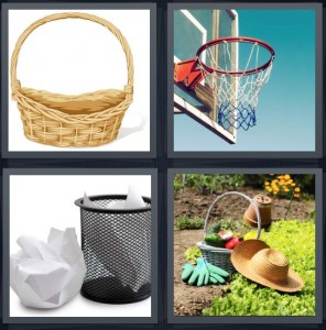 4 Pics 1 Word Answer 6 letters for wicker container made from straw, hoop for basketball, trash bin for papers, gardening tools in garden