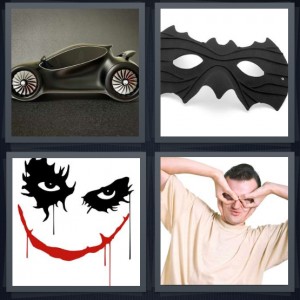 4 Pics 1 Word Answer 6 letters for Batmobile car, black mask like bat, Joker drawing with evil grin, birdman mask