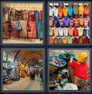 4 Pics 1 Word Answer 6 letters for Moroccan fabrics for sale in market, pointy toed shoes for sale, European market with arched ceiling, woman washing things at market