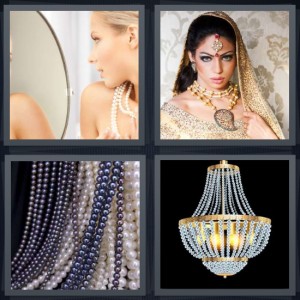 4 Pics 1 Word Answer 6 letters for blond woman wearing pearls looking in mirror, gaudy bride with lots of decorations, strings of beads, pearl chandelier