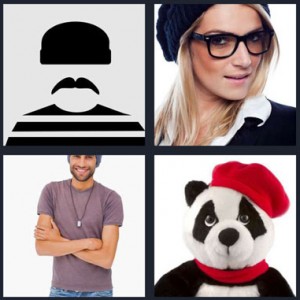 4 Pics 1 Word Answer 6 letters for mime with mustache and hat no face, woman with glasses and hat, man wearing cap and tshirt, panda with red beret