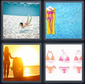 4 Pics 1 Word Answer 6 letters for woman swimming in very clear water, woman resting floating on water surface, girl surfer with board at sunrise, two piece pink bathing suits