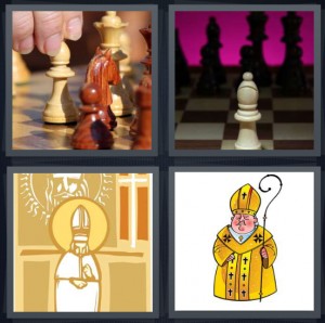4 Pics 1 Word Answer 6 letters for chess board with wooden players, knight in chess game, drawing of pope from medieval era, cartoon priest with staff