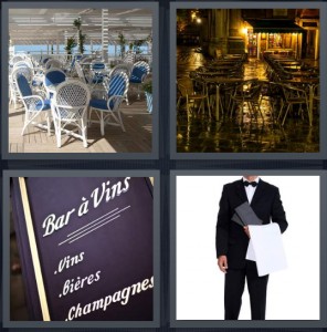 4 Pics 1 Word Answer 6 letters for outdoor dining patio with white wicker furniture, outdoor cafe empty on rainy night, menu board for bar a vins, waiter in suit