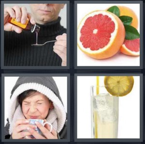 4 Pics 1 Word Answer 6 letters for man pouring medicine like castor oil onto spoon, halved grapefruit with red center, woman making face drinking something sour, fresh lemonade with lemon