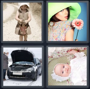 4 Pics 1 Word Answer 6 letters for little girl pioneer on road, woman with flower wearing large floppy hat, car with hood open, baby for Christening ceremony
