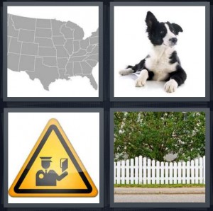 4 Pics 1 Word Answer 6 letters for map of United States, Collie dog with ear perked, sign for customs at country line, white picket fence around yard
