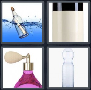 4 Pics 1 Word Answer 6 letters for message in ocean floating, makeup tube, perfume spray, water container with sports top