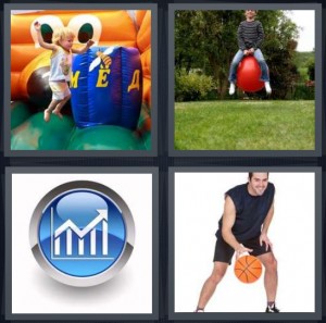 4 Pics 1 Word Answer 6 letters for jumping castle for kids, jumping on toy red ball, increasing chart with arrow, man dribbling basketball