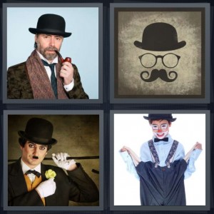 4 Pics 1 Word Answer 6 letters for man dressed as Sherlock Holmes with pipe, cap with glasses and mustache, Charlie Chaplin with cane, young boy dressed as clown