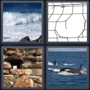 4 Pics 1 Word Answer 6 letters for ocean waves crashing white foam, hole in fence ripped, pile of stones with one missing, whales breaking surface of water with fins