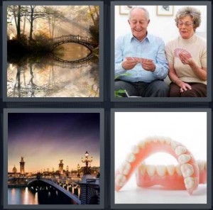4 Pics 1 Word Answer 6 letters for walkway over lake in woods, elderly couple playing cards, walkway over river in Paris, false teeth dentures