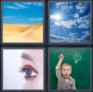 4 Pics 1 Word Answer 6 letters for desert sand with blue sky, sun in sky with fluffy clouds, eyeball, smart boy with idea