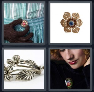 4 Pics 1 Word Answer 6 letters for woman with pin on waist, flower jewelry with eye, decorative pin, woman wearing pin