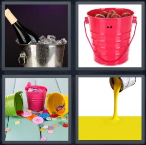 4 Pics 1 Word Answer 6 letters for champagne cooling in ice, red container with apples, buttons in containers, yellow paint pouring