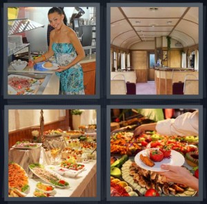4 Pics 1 Word Answer 6 letters for woman dishing dinner plate to eat, dining car on train, dinner laid on table, person selecting dishes to eat